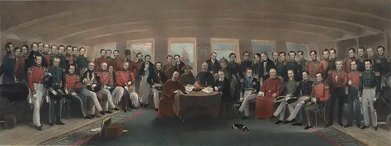 Signing and sealing of the Treaty of Nanking, HMS Cornwallis, 29 August 1842. Principal officers and official gentlemen.