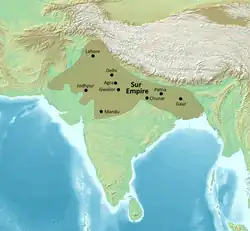 Map of the Sur Empire at its greatest extent under Sher Shah Suri (1538/1540–1545)