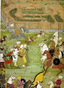 A miniature from Padshahnama depicting the surrender of the Safavids in 1638 to the Mughal army of Shah Jahan commanded by Kilij Khan.