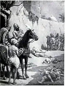 The image, in the chapter on India in Hutchison's Story of the Nations edited by James Meston, depicts the Muslim Turkic general Muhammad Bakhtiyar Khalji's massacre of Buddhist monks in Bihar, India. Khaliji destroyed the Nalanda and Vikramshila universities during his raids across North Indian plains, massacring many Buddhist and Brahmin scholars.