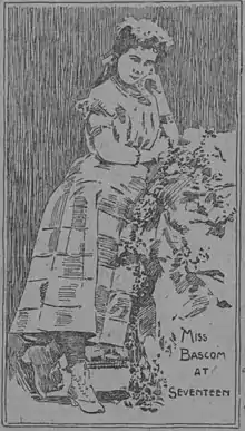 Black ink illustration of woman standing and leaning against a stone wall at waist-height