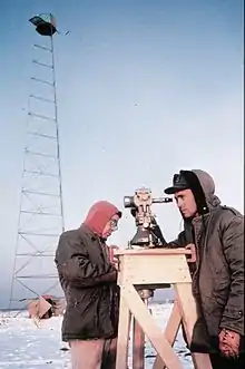 Picture of a man taking measurements with a theodolite in a frozen environment.