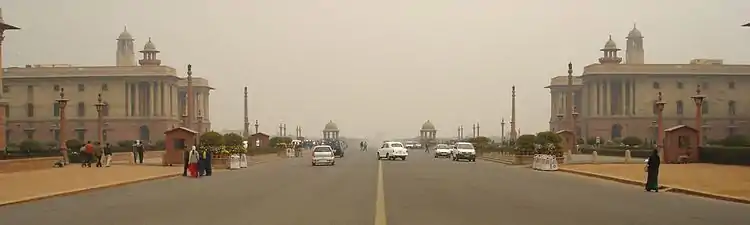 The Secretariat Building, with North Block (left) and South Block (right), view looking towards India Gate in the east.