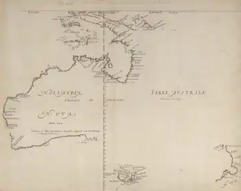 Image 12A typical map from the Golden Age of Netherlandish cartography. Australasia during the Golden Age of Dutch exploration and discovery (ca. 1590s–1720s): including Nova Guinea (New Guinea), Nova Hollandia (mainland Australia), Van Diemen's Land (Tasmania), and Nova Zeelandia (New Zealand). (from History of Papua New Guinea)