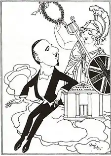 caricature of a middle-aged man in evening clothes and a youngish woman dressed as Britannia