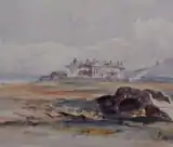 A watercolor painted in 1879 by Hodge of the Swilcan bridge at the Old Course, St Andrews