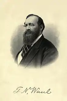 Sepia toned lithograph shows a bearded man in civilian clothes.