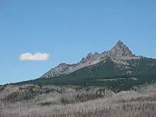 The volcano's bare, dissected edifice rises above a forested region