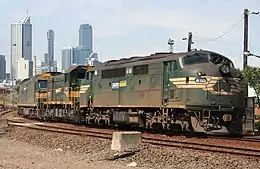 Image 53Pacific National diesel locomotives in Australia showing three body types, cab unit (front), hood unit (middle) and box cab (rear) (from Locomotive)