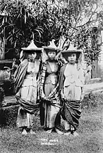 Three Sama-Bajau women wearing saruk from Jolo, Sulu, Philippines, c.1900