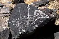 A petroglyph depicting a bighorn sheep; arrows or spears protrude from its body.