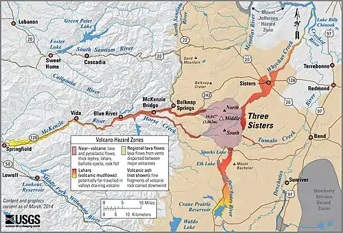 Map showing high lava risk immediately near the volcanoes, with risk of lahars flowing down rivers to towns nearby