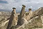 The 'Three beauties' fairy chimneys, thought to be named after to Hera, Athena and Aphrodite, located in Ürgüp