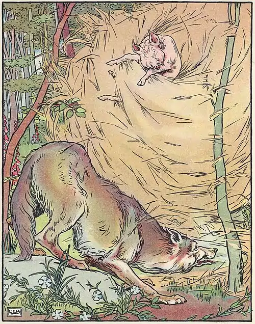 Image 9Three Little PigsArtist: Leonard Leslie Brooke; Restoration: JujutacularThe wolf blows down the straw house in a 1904 adaptation of Three Little Pigs, a fairy tale featuring anthropomorphic animals. Printed versions date back to the 1840s, but the story itself is thought to be much older. The story in its arguably best-known form appeared in English Fairy Tales by Joseph Jacobs, first published in 1890. The phrases used in the story, and the various morals which can be drawn from it, have become embedded in western culture. The story uses the literary rule of three, expressed in this case as a "contrasting three", as the third pig's brick house turns out to be the only one which is adequate to withstand the wolf.More selected pictures