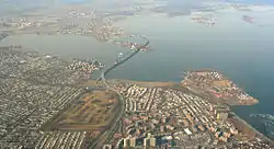 Aerial view of Bay Terrace, with the Throgs Neck Bridge crossing the East River to the north