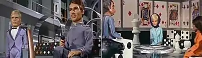 Two images are presented: on the left, two airship crewmembers wearing blue uniforms, one holding a handgun, are either standing or sitting in a high-ceilinged room in front of dynamo-shaped metal frames; on the right, a man and two women are either standing or seated in a room containing chairs, walls and furniture designed to themes of dice, chess pieces and playing cards. All figures in the two screenshots are marionette puppets.