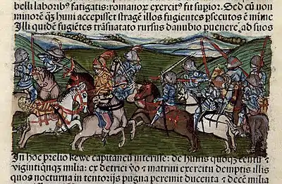 Chronica Hungarorum, Thuróczy chronicle, Battle of the Tárnok Valley, Pannonia, Huns, Romans, Keve captain, cavalry, armored soldiers, fight, battle, medieval, Hungarian chronicle, book, illustration, history