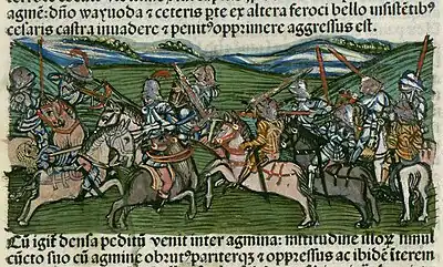 Chronica Hungarorum, Thuróczy chronicle, Battle of Varna, King Vladislaus I of Hungary, Władysław III of Poland, John Hunyadi, Hungary, Hungarians, Ottoman Empire, Ottomans, campaign, battle, fight, horses, armored soldiers, cavalry, Hungarian flag, Hungarian coat of arms, medieval, Hungarian chronicle, book, illustration, history