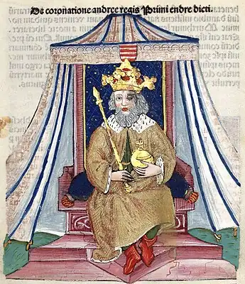 Chronica Hungarorum, Thuróczy chronicle, King Andrew I of Hungary, throne, crown, orb, scepter, medieval, Hungarian chronicle, book, illustration, history