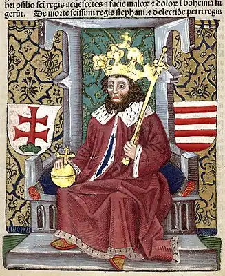 Chronica Hungarorum, Thuróczy chronicle, King Peter Orseolo of Hungary, throne, crown, orb, scepter, double cross, Árpád stripes, Hungarian coat of arms, medieval, Hungarian chronicle, book, illustration, history