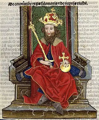 Chronica Hungarorum, Thuróczy chronicle, King Solomon of Hungary, throne, crown, orb, scepter, medieval, Hungarian chronicle, book, illustration, history