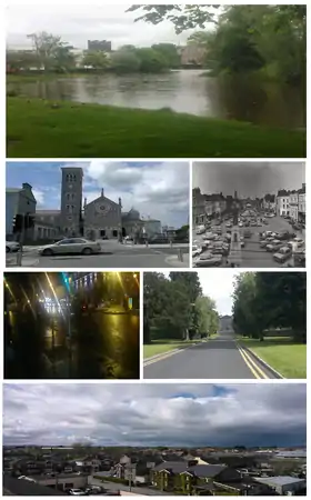 Clockwise from top: Mall River Walk; Cathedral of the Assumption; Liberty Square c. 1983; Liberty Square at night; St. Patrick's College; northwest view of the town