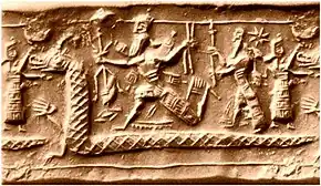 Neo-Assyrian cylinder seal impression from the eighth century BC identified by several sources as a possible depiction of the slaying of Tiamat from the Enûma Eliš