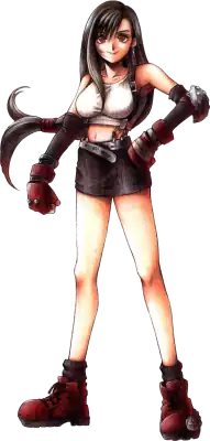 A dark-haired light-skinned woman facing the viewer wearing dark red boots, brown mini-skirt, a white shirt with the midriff bared, dark red gloves and armor on her left elbow. Her long hair is curved to her right and is forked at the end.