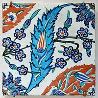 An Iznik tile. Turkish ceramics are believed to have influenced Kubachi ware.