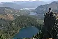 View from Tinkham Peak looking east-southeast. Cottonwood Lake (left), Mirror Lake (bottom), Lost Lake (right of center), Keechelus Lake (top).