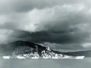 German battleship Tirpitz wearing disruptive camouflage in Bogen Bay near Narvik, northern Norway, 1943–44