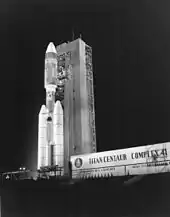 A Titan 3E rocket sitting on its launch pad at Cape Canaveral Air Force Station.