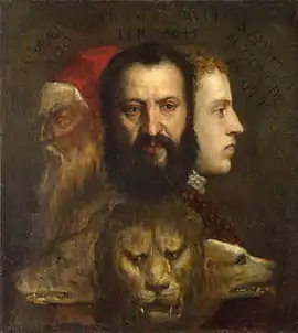 Allegory of Prudence, Titian, his son and the cousin he had virtually adopted, as Past, Present and Future. National Gallery, London,  late 1560s.