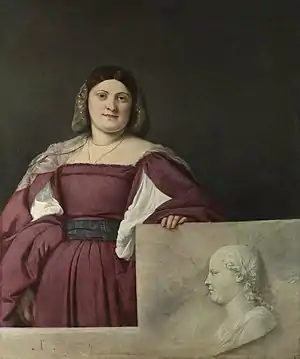 "Portrait of a Lady", a three-quarter portrait of a woman, standing in the lower left, wearing a purple-brown dress. She is rotund in form with a long round face, brown hair and brown eyes. She is looking directly at the viewer and smiling slightly.