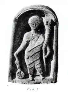 Statuette of the Roman goddess Fortuna, with gubernaculum (ship's rudder), Rota Fortunae (wheel of fortune) and cornucopia (horn of plenty) found near the altar at Castlecary in 1771.