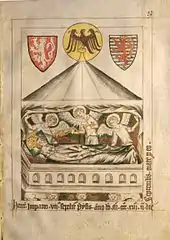 Tomb of Henry VII (d. 1313), with the emperor's coats of arms and the imperial eagle (Codex Balduini Trevirorum, c. 1340).