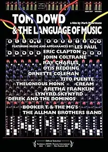 A soundboard with the following text on overlayed on top of it: Tom Dowd & the Language of Music. A film by Mark Moormann. Featuring music and appearances by: Les Paul, Eric Clapton, John Coltrane, Ray Charles, Otis Redding, Ornette Coleman, Tito Puente, Thelonious Monk, Cream, Aretha Franklin, Lynyrd Skynyrd, Derek and the Dominos, Booker T. & the MG's, the Allman Brothers Band. Official Selection – Sundance 2003 | SXSW 2003 | Toronto International Film Festival 2003