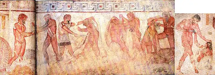 Fresco in the François Tomb: Liberation of Celio Vibenna, from left to right: Caile Vibenna, Mastarna, Larth Ultes, Laris Papathnas Velznach, Pesna Aremsnas Sveamach, Rasce, Venthikau and Aule Vibenna, right: Marce Camitlnas et Cnaeve Tarchunies Rumach