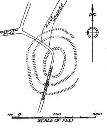 Plan showing three concentric circles of ditches with a road passing through and a racecourse overlapping slightly