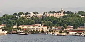 The entrance to the Golden Horn and Seraglio Point (at the very tip of the Historic Peninsula, at far left), as seen from Galata Tower