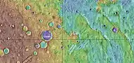 Topographical map showing location of Auki crater and other nearby features.  Color shows elevation.