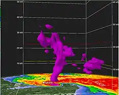 Image 8Radar 3D volume scan of the supercell showing debris lofted over 30,000 feet (9.1 km) in the air as the tornado struck Mayfield. (from 2021 Western Kentucky tornado)