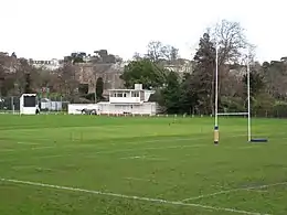 View from grandstand showing cricket pavilion