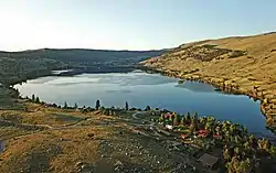 Aerial view of Torrey Lake, looking southeast over the Historic District (cabins in foreground)