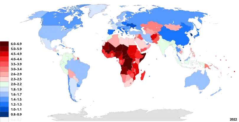 Image 11Map of countries and territories by fertility rate as of 2020 (from Developing country)