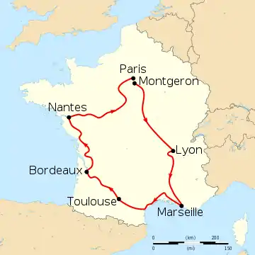 Map of France with the route of the 1904 Tour de France on it, showing that the race started Montgeron (close to Paris), went clockwise through France and ended in Paris after six stages.