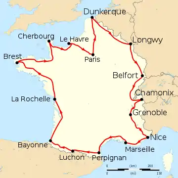 Map of France with the route of the 1911 Tour de France on it, showing that the race started in Paris, went clockwise through France and ended in Paris after fifteen stages.