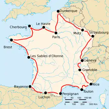 Map of France with 15 cities marked with black dots, connected by red lines.