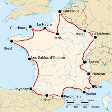 Route of the 1922 Tour de France followed counterclockwise, starting in Paris