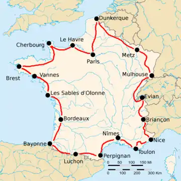 Route of the 1925 Tour de France followed counterclockwise, starting in Paris